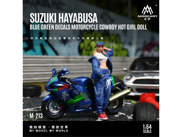 MOREART MoreArt - 1/64 Suzuki Hayabusa Blue-Green Decal Motorcycle Cowboy Hot Girl Doll MO222213