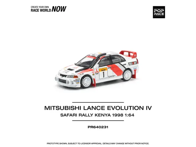 POP RACE Pop Race - 1/64 Mitsubishi Lancer Evolution IV, #1 Safari Rally Kenya 1998, white/red