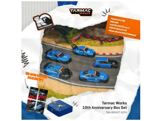 TARMAC 1/64 Tarmac Works 10th Anniversary Box Set, 5 Model Cars + Trading Cards Combo Set, black/blue
