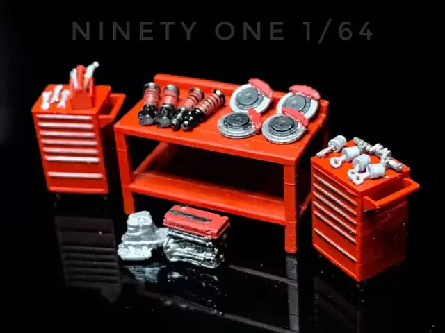 NINETYONE 1/64 Werkzeugtisch Set1 Rot Diecast Premium