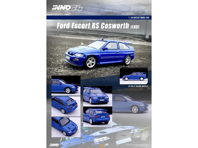 INNO64 1/64 Ford Escort RS Cosworth with OZ Rally Racing Wheels, metallic blue Left hand drive